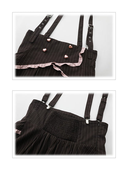 Plus Size Black Striped Ruffled Trim Set: Overall Skirt with Adjustable Straps & Elastic Waist Bloomers