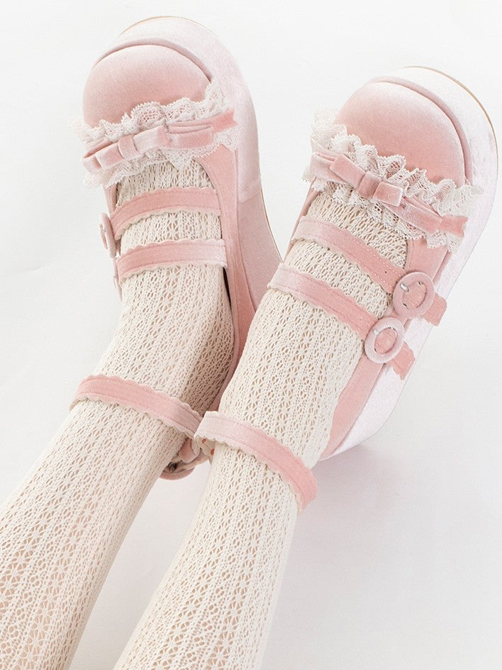 Lace Trim Bowknot at Top Velvet Pink Buckle Straps Platforms