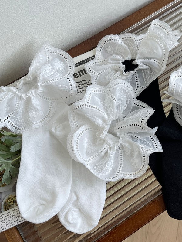 Black/White Calf Socks With Floral Embroidery Cuffs