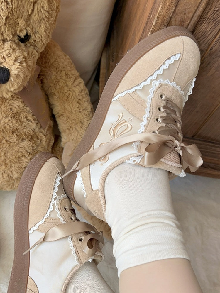 Clearance-Size 36 Khaki Fold-over Design Lace Trim Sneakers