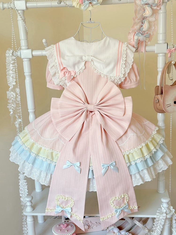 Pastel Color Sailor Collar Sweet Kitty Maid Lolita Dress with Heart Apron
