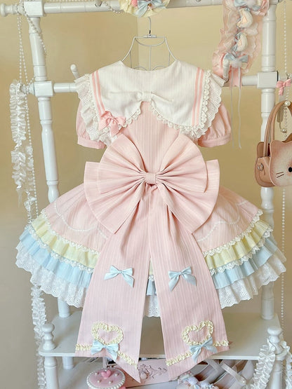 Pastel Color Sailor Collar Sweet Kitty Maid Lolita Dress with Heart Apron