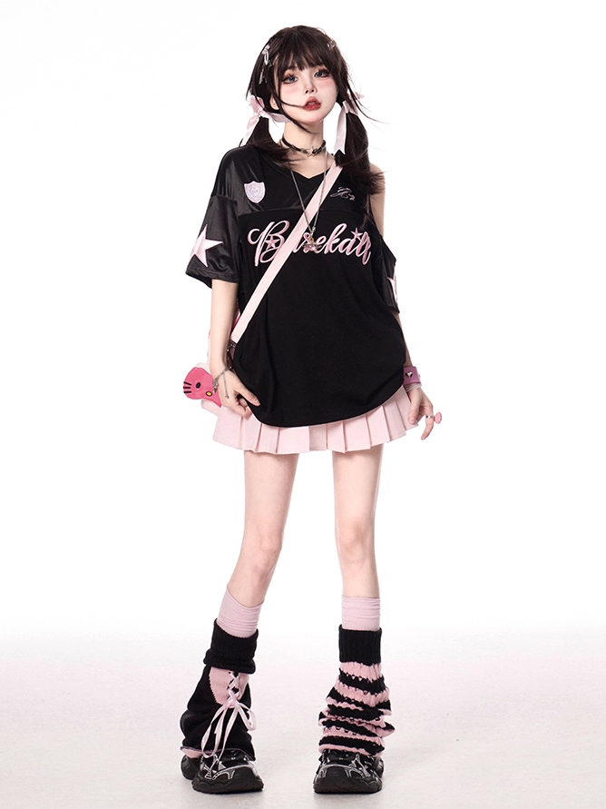 Black and Pink Letter Print Cutout Shoulder V-neck T-shirt