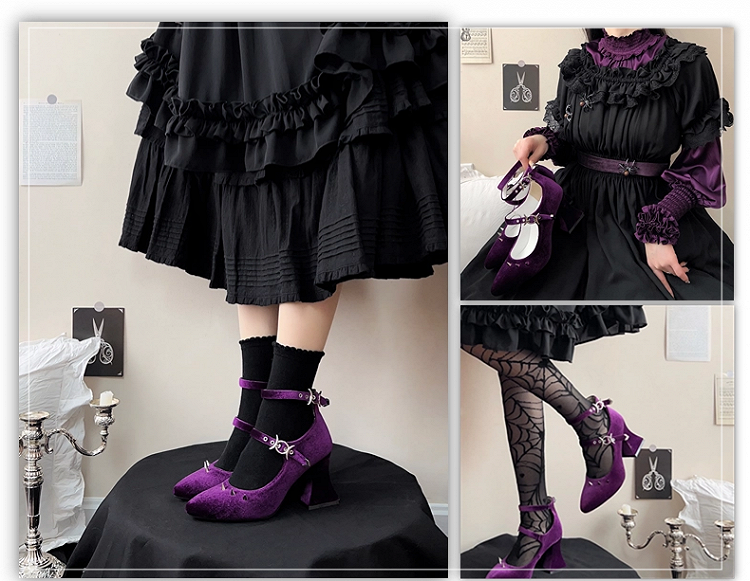 Punk Silver Studs Purple Witch Lolita Velvet High Heels