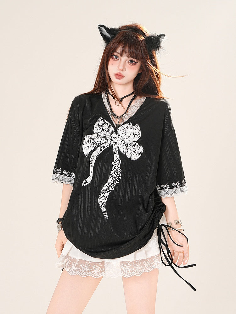 Big Bow Print Lace Trim Drawstring Side Black/White V-neck T-shirt
