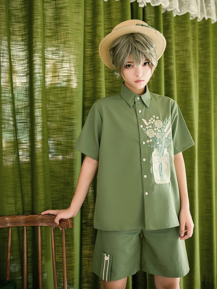 Season of Blossoms Bouquet Embroidery Ouji Lolita Green Shirt