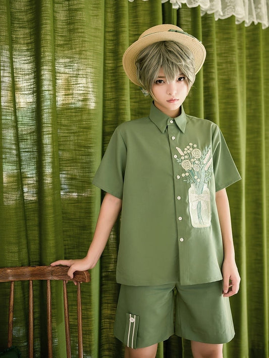 Season of Blossoms Bouquet Embroidery Ouji Lolita Green Shirt