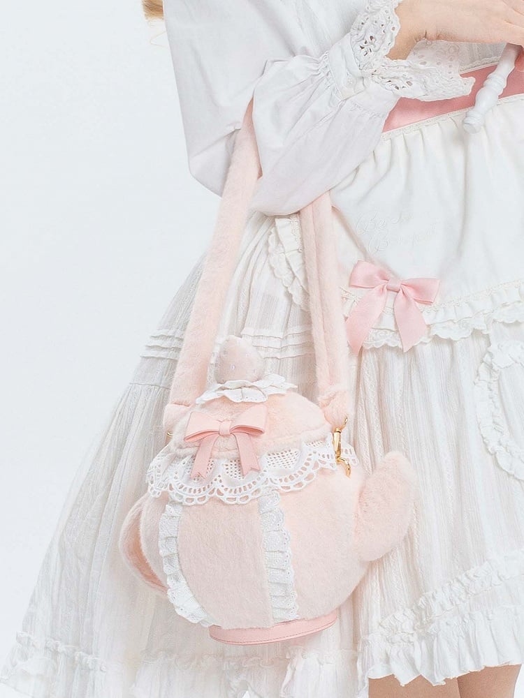 Pink Sweet Lolita Bowknot And Strawberry Decorated Lace Trim Plush Teapot Hand/Crossbody Bag