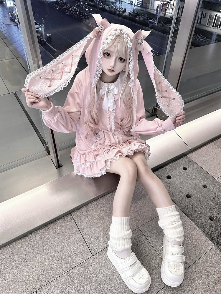 Sweet Pink Jirai Kei Bunny-Eared Hoodie Dress | Tiered Ruffles & Heart Pockets