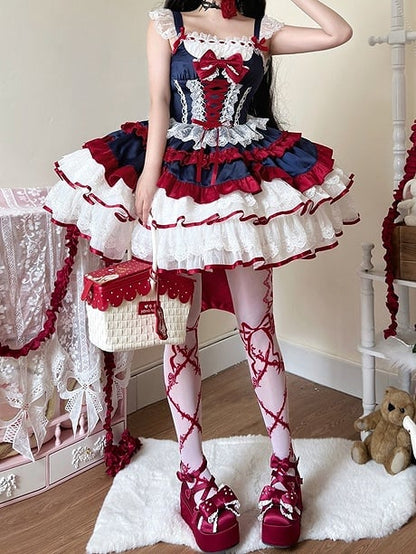 Dark Blue and Red Corset Waist Tiered Ruffle Skirt Sweet Lolita Dress Snow White Vibes