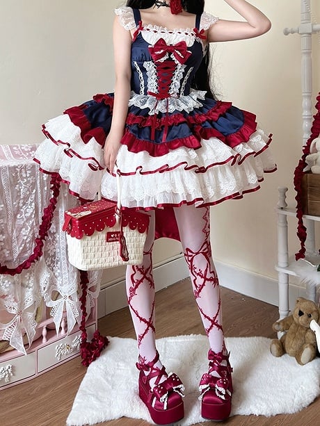 Dark Blue and Red Corset Waist Tiered Ruffle Skirt Sweet Lolita Dress Snow White Vibes