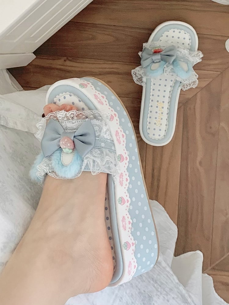 Blue Sweet Lolita Bow Accents Lace Trim Plush Bunny Ear Platform Slippers