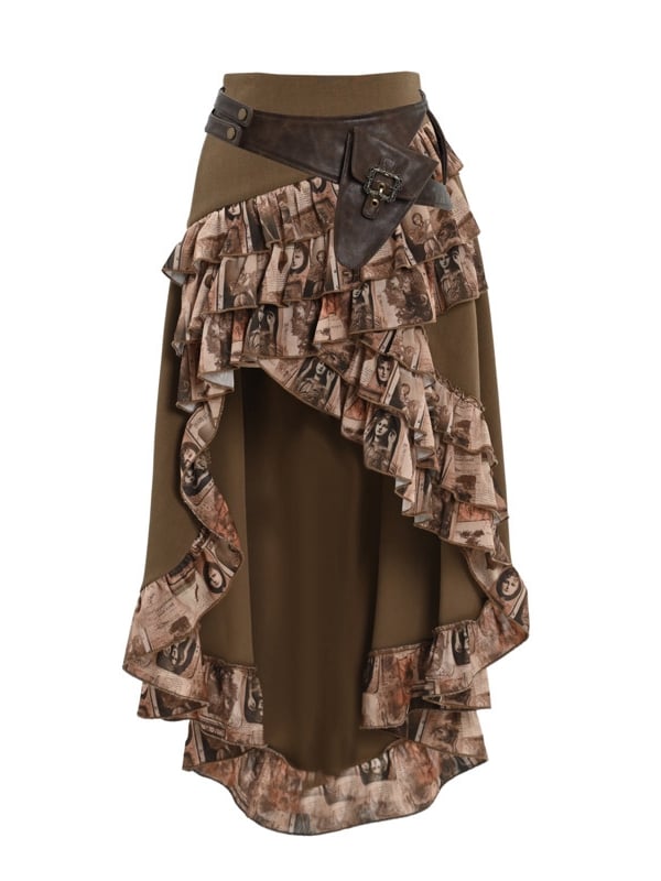 Brown Steampunk Retro Oil Painting Print High-low Skirt Cascading Ruffle Trim