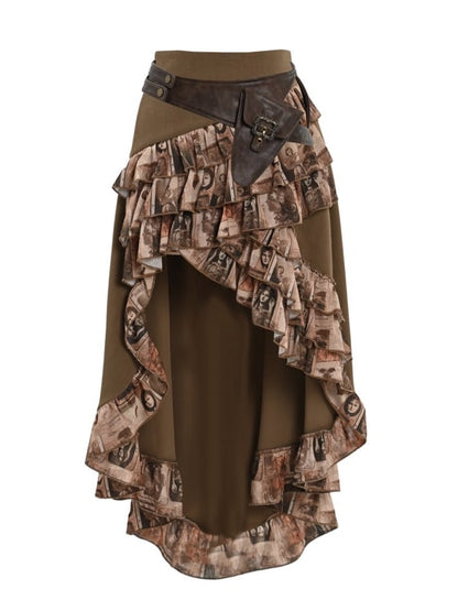 Brown Steampunk Retro Oil Painting Print High-low Skirt Cascading Ruffle Trim