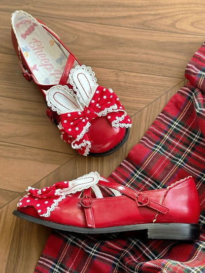 Red Crisscross Design Bunny Ear Polka-dot Pattern Bow at Top Lolita Shoes
