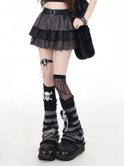 Gray Distressed Holes Lined Tiered Skirt