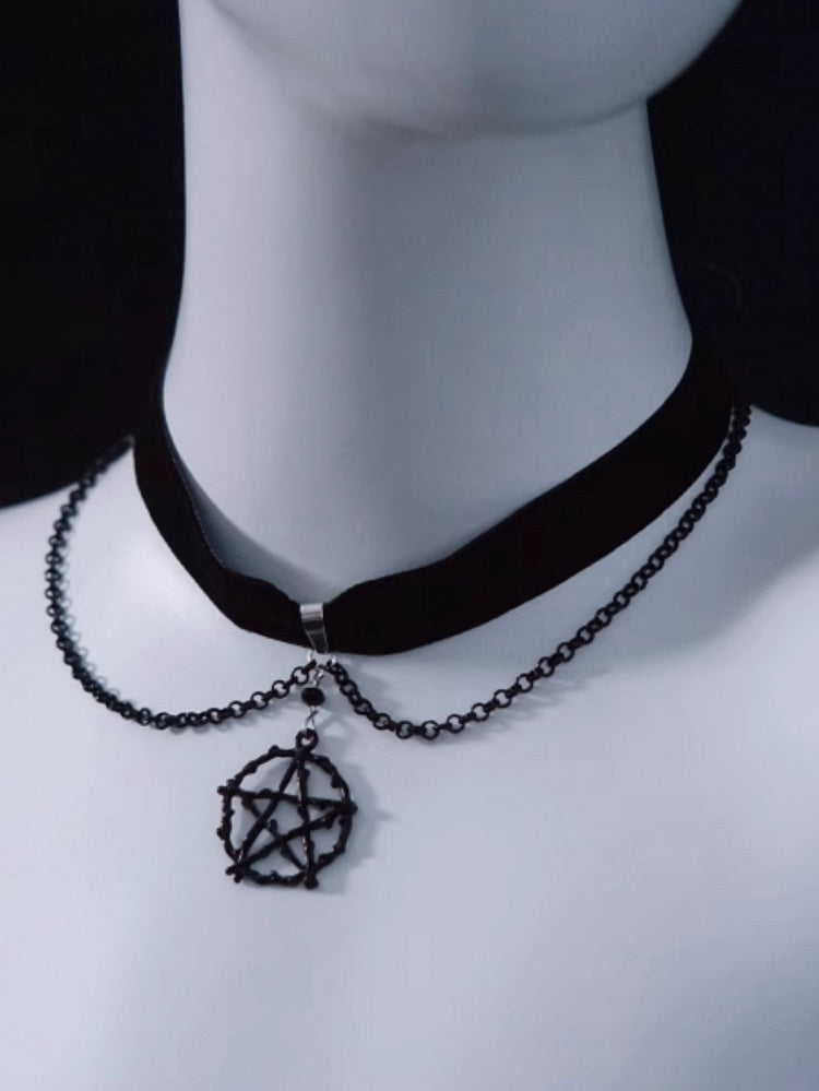 Gothic Pentagram Pendant Black Velvet Choker with Chains