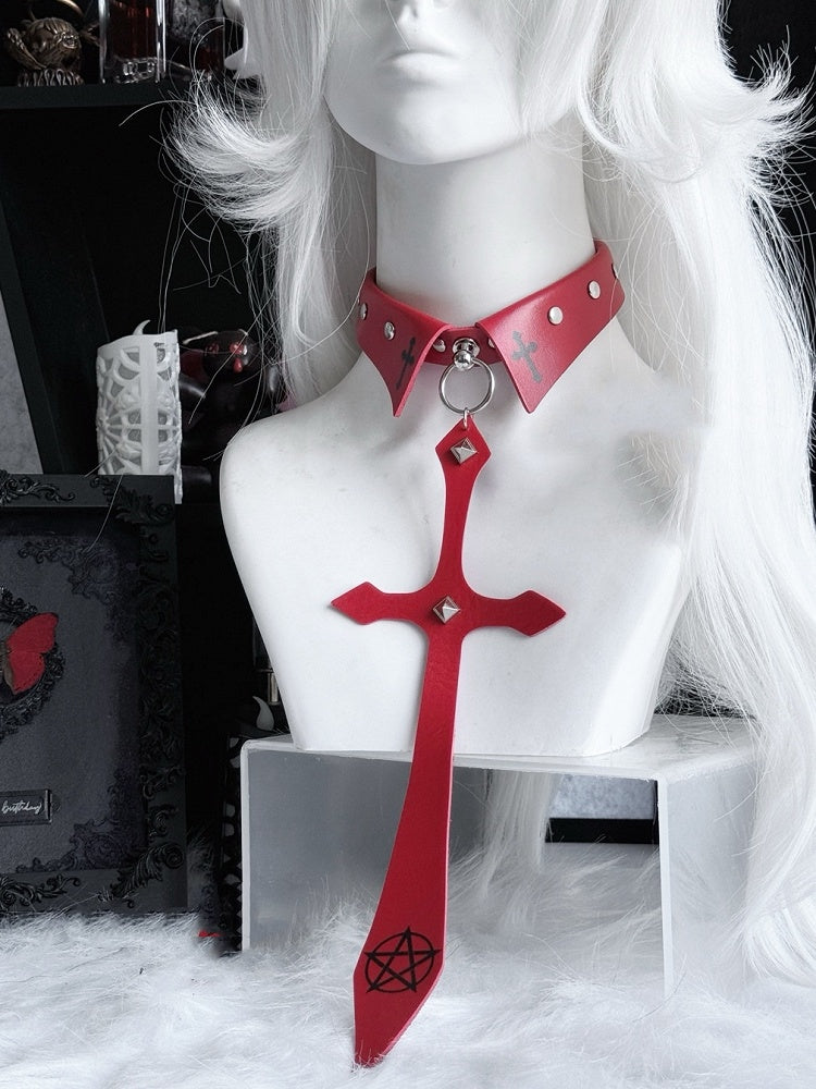 Punk Black/Red Pentacle Cross Charm Studded Necktie
