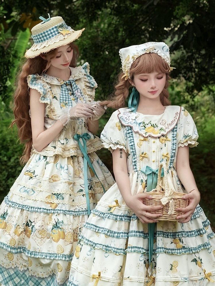 White & Yellow Floral and Lemon Print Lolita Triangular Headscarf with Lace Edging and Bow Accents