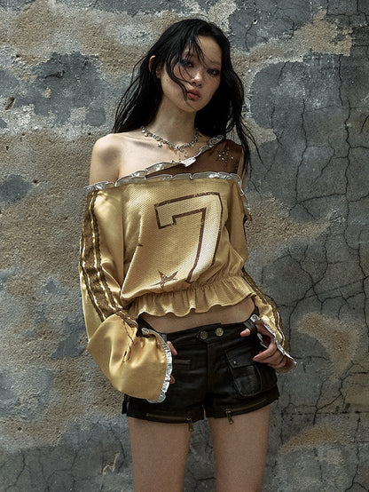 Yellow Asymmetrical Neckline Number Print Blokette Core Punk Top