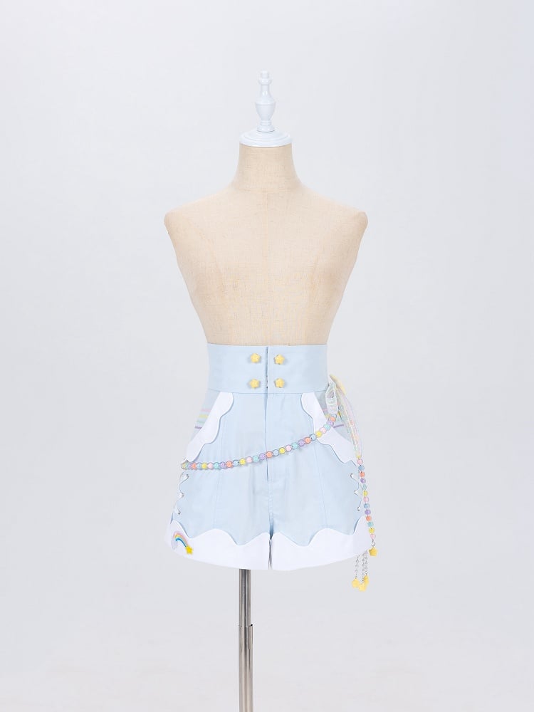 Blue High Waist Shorts with Rainbow Beaded Waist Bowknot Chain