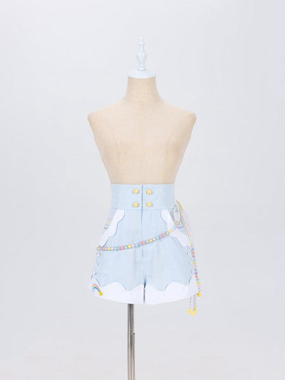 Blue High Waist Shorts with Rainbow Beaded Waist Bowknot Chain