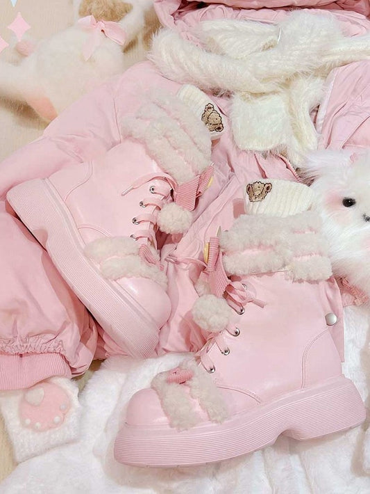 PU Pink Sweet Lolita Platform Snow Boots - Plush Lining with Bear Ear Accents & Bow Details