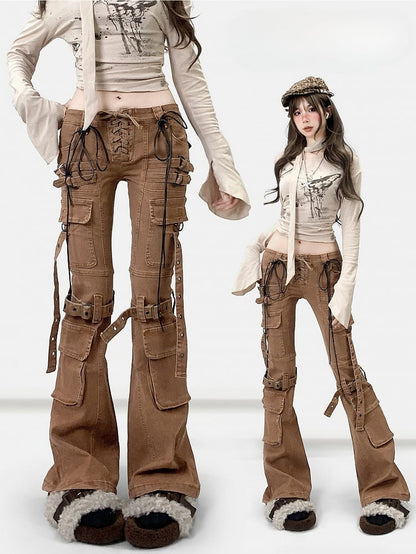 Coffee Brown Wasteland Punk Lace-up Detail Flare Silhouette Jeans