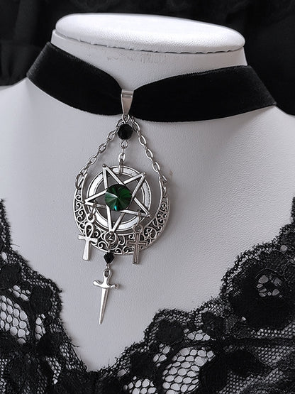 Gothic Pentagram and Crosses Black Punk Velvet Choker