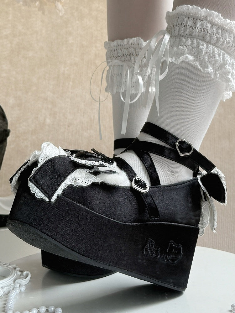 Plush Bear Ear Details, Bow Accents & Crisscross Design Satin Black Platform Shoes in Sweet Lolita