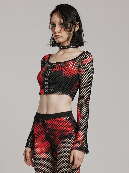 Black and Red Punk Tie-dyed Mesh Long Sleeve T-shirt
