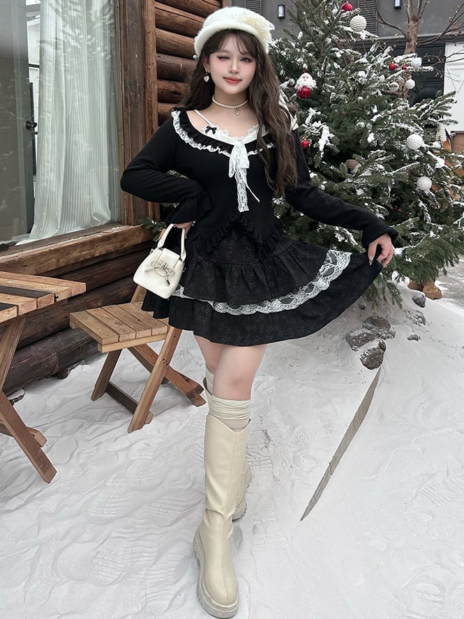 Plus Size Black Lace Accents Floral Jacquard Tiered Skirt