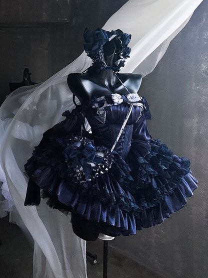 Dark Blue Basque Waist Tiered Sweet Lolita Balletcore Dress with Lace Accents