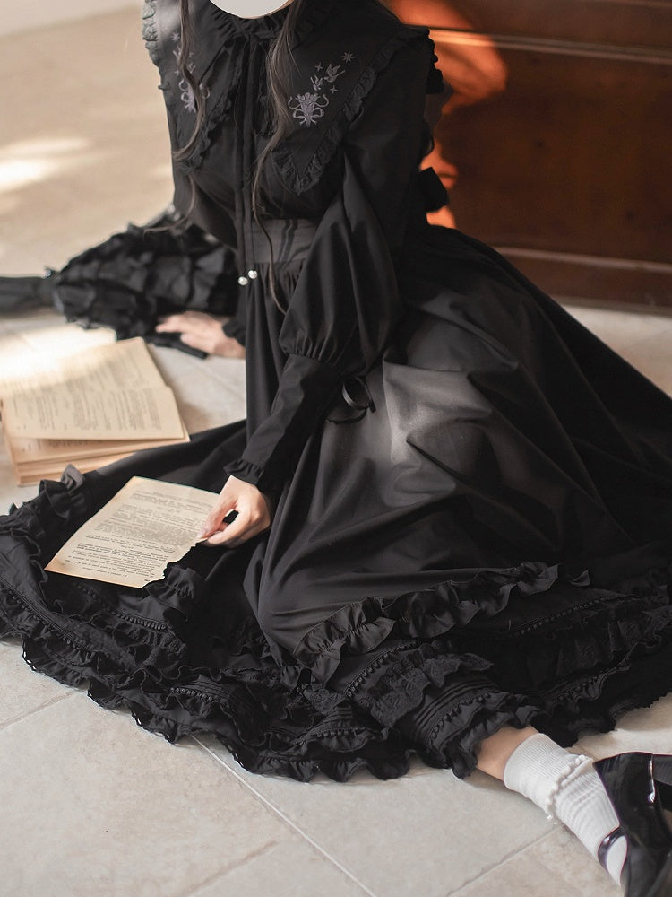 Floral Embroidery Collar Lace-up Detail Black Vintage Leg-of-Mutton Sleeves Dress