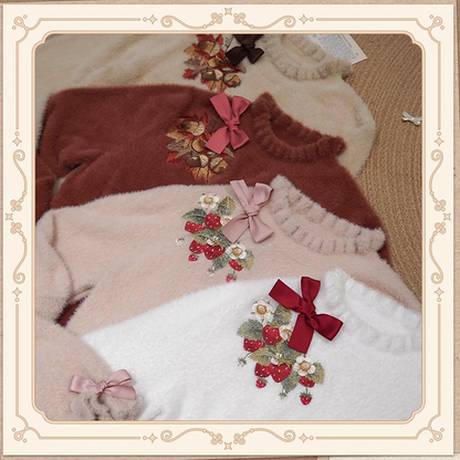 Strawberry Embroidery Neckline Bowknot on Cuffs Dusty Pink Autumn Knit Top