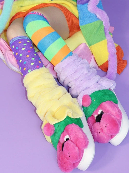 Gyaru Fashion Perple&Yellow Plushie Leg Warmers + Colorful Striped And Polka-Dot Pattern Over-Knee Stockings