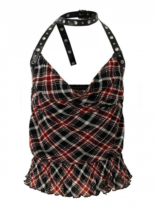 Black&Red Wasteland Punk Glamorous Cowl Neckline Ruffles Trim Plaid Pattern Halter Neck Top