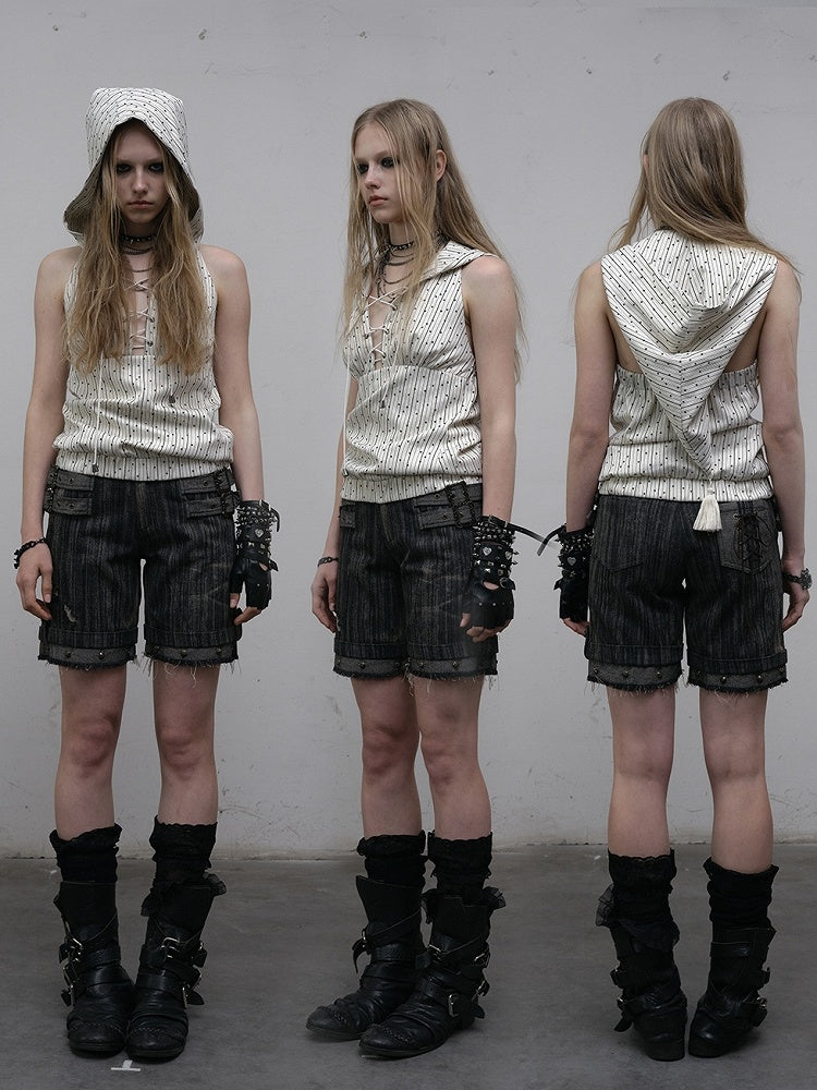 White Striped Pattern Star Print Lace-up Detail Hoodie Sleeveless Top