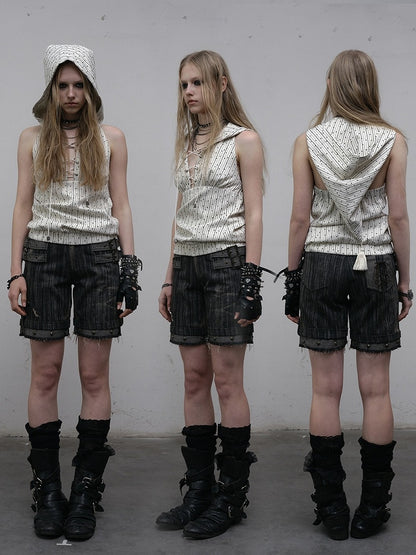 White Striped Pattern Star Print Lace-up Detail Hoodie Sleeveless Top