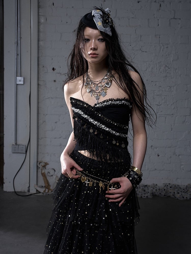 Baroque Bead Details Fringe Hem Black/White Crossover Design Strapless Top