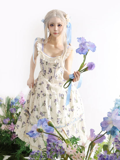 Purple Iris Embroidery Beige Off-the-shoulder Neckline Jumper Skirt