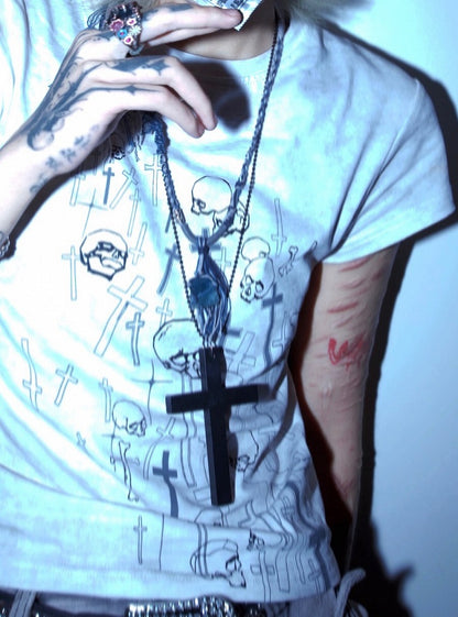 Black/White Skeleton and Cross Pattern Top