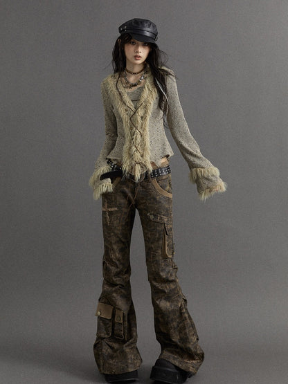 Dusty Grey Camo Low-waist Distressed Design Flared Cargo Pants