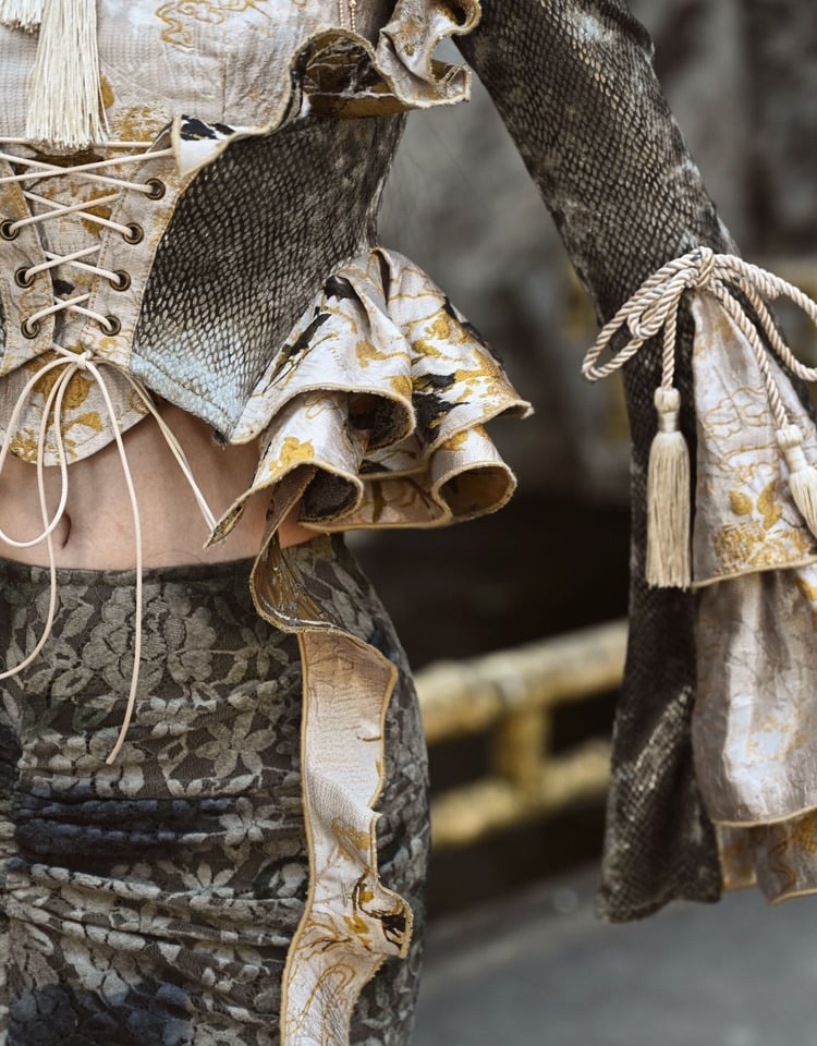 Dusty Green Under Bust Snakeskin Grain Jacket Cascading Ruffle Trim