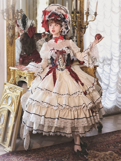 Snow White Vibes Dark Blue and Red Boned Corset Top + Tiered Skirt Gorgeous Hime Lolita Full Set