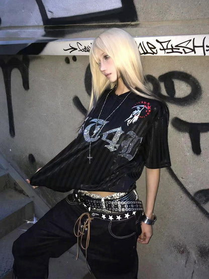 Y2K Black Stripes Polo T-Shirt with Gothic Print