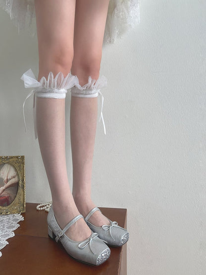 White Bowknot Details Tulle Ruffled Underknee Stockings