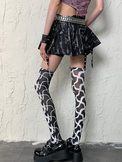 Black&White Y2K Asymmetrical Design Overknee Stockings