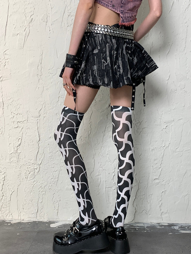 Black&White Y2K Asymmetrical Design Overknee Stockings