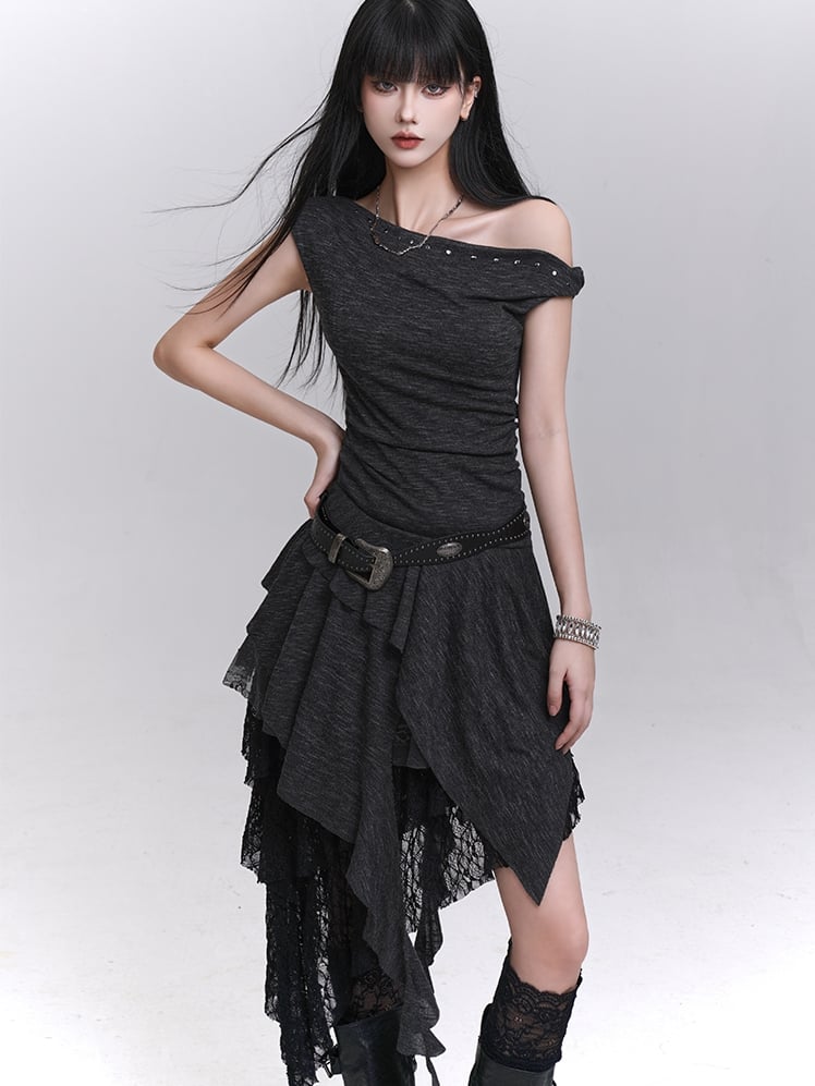 Studded Asymmetrical Neckline Cascading Ruffles Dress with Buckle Belt